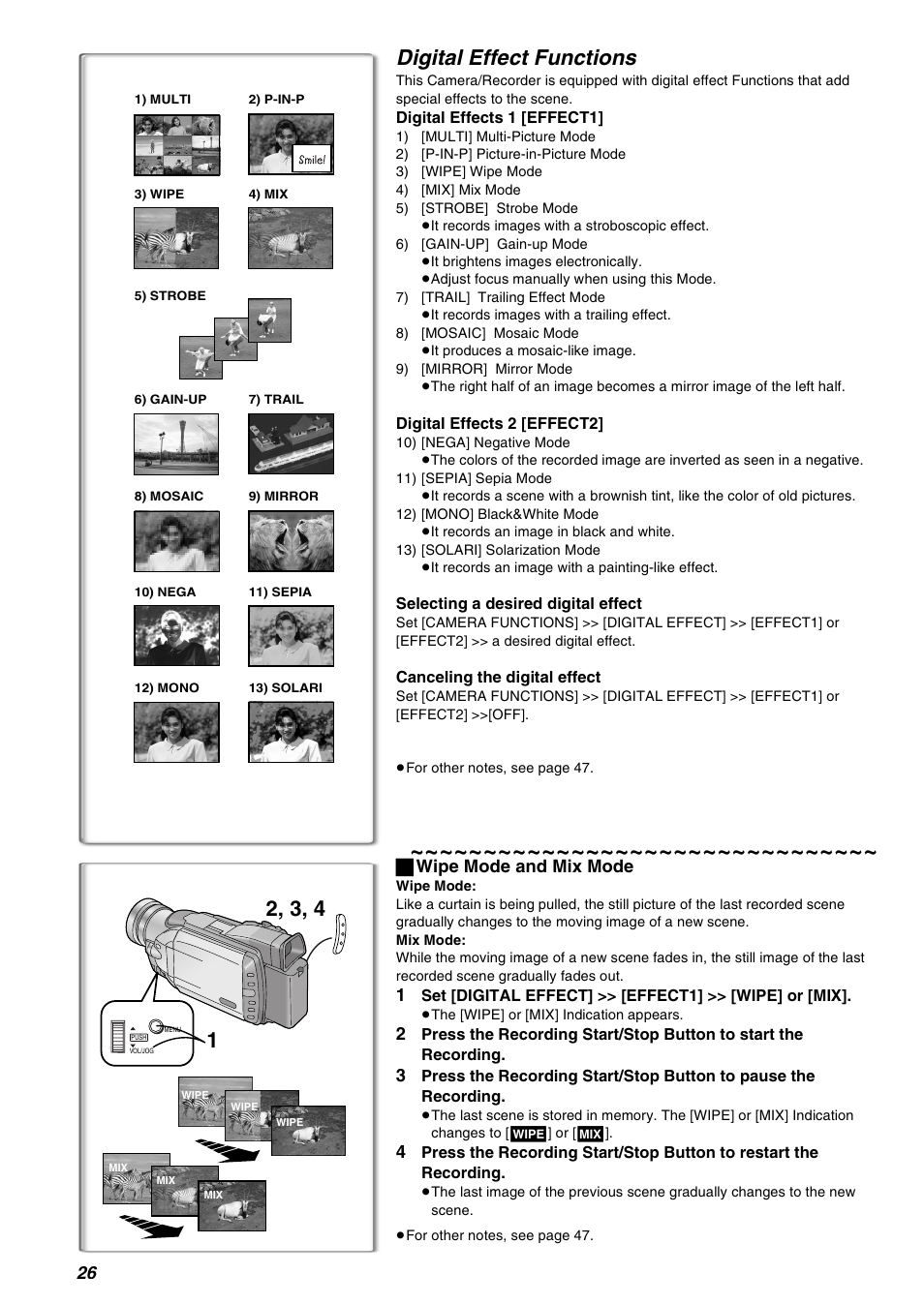 Digital effect functions, ª wipe mode and mix mode | Panasonic AG-EZ50UP User Manual | Page 26 / 58