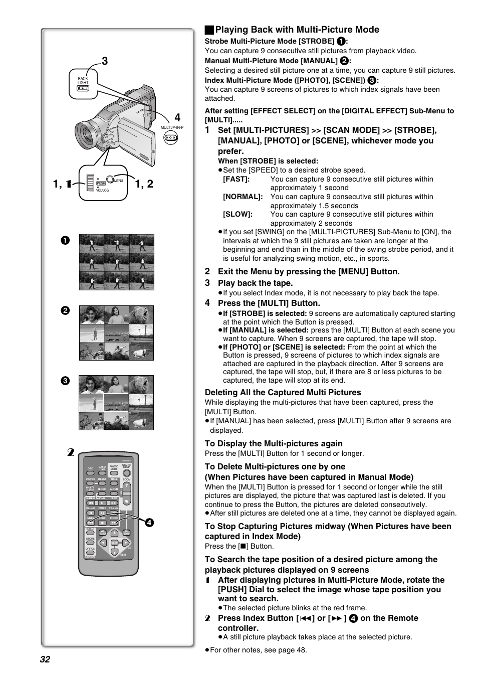 ª playing back with multi-picture mode, Exit the menu by pressing the [menu] button, Play back the tape | Press the [multi] button, Deleting all the captured multi pictures, 2 press index button, On the remote controller | Panasonic AG-EZ50UP User Manual | Page 32 / 58