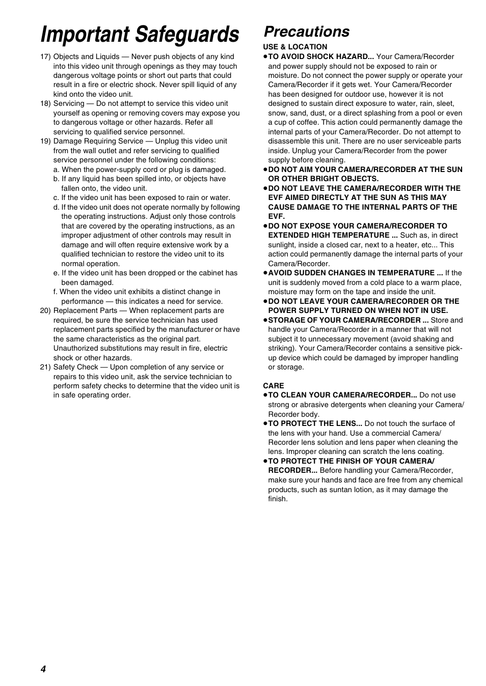 Important safeguards, Precautions | Panasonic AG-EZ50UP User Manual | Page 4 / 58