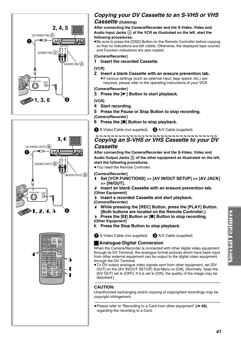 ª analogue-digital conversion, Insert the recorded cassette, Press the | Button to start playback, Start recording, Press the pause or stop button to stop recording, Button to stop playback, Insert a recorded cassette and start playback, Button or, Button to stop recording | Panasonic AG-EZ50UP User Manual | Page 41 / 58