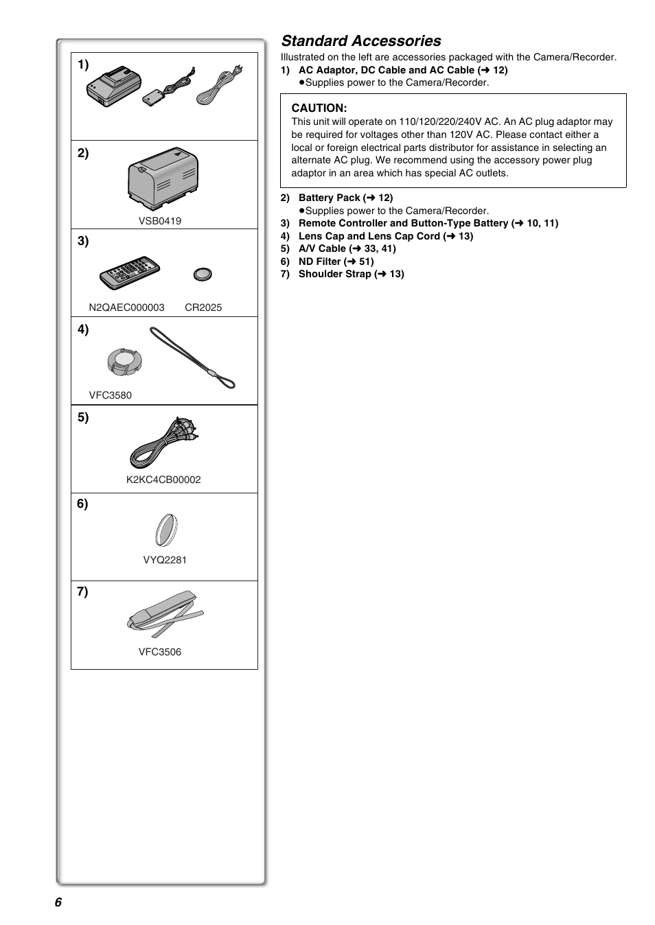 Standard accessories | Panasonic AG-EZ50UP User Manual | Page 6 / 58