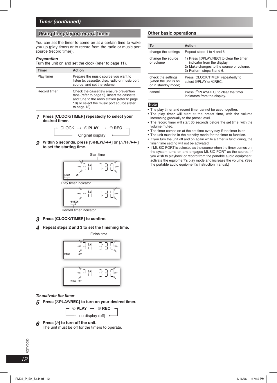 Using the play or record timer, Timer (continued) | Panasonic SC-PM23 User Manual | Page 12 / 24