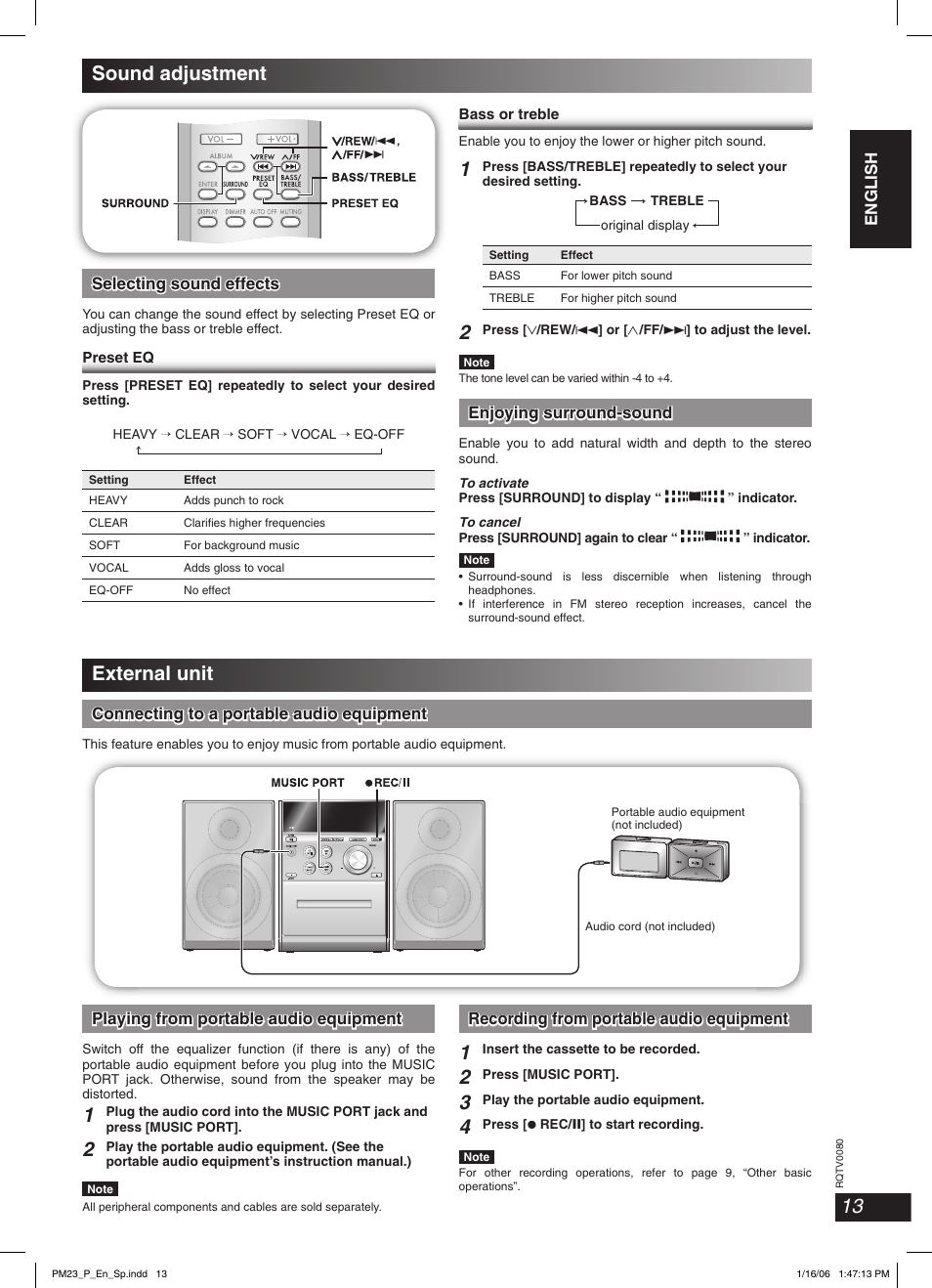 Sound adjustment, External unit, Sound adjustment external unit | Panasonic SC-PM23 User Manual | Page 13 / 24