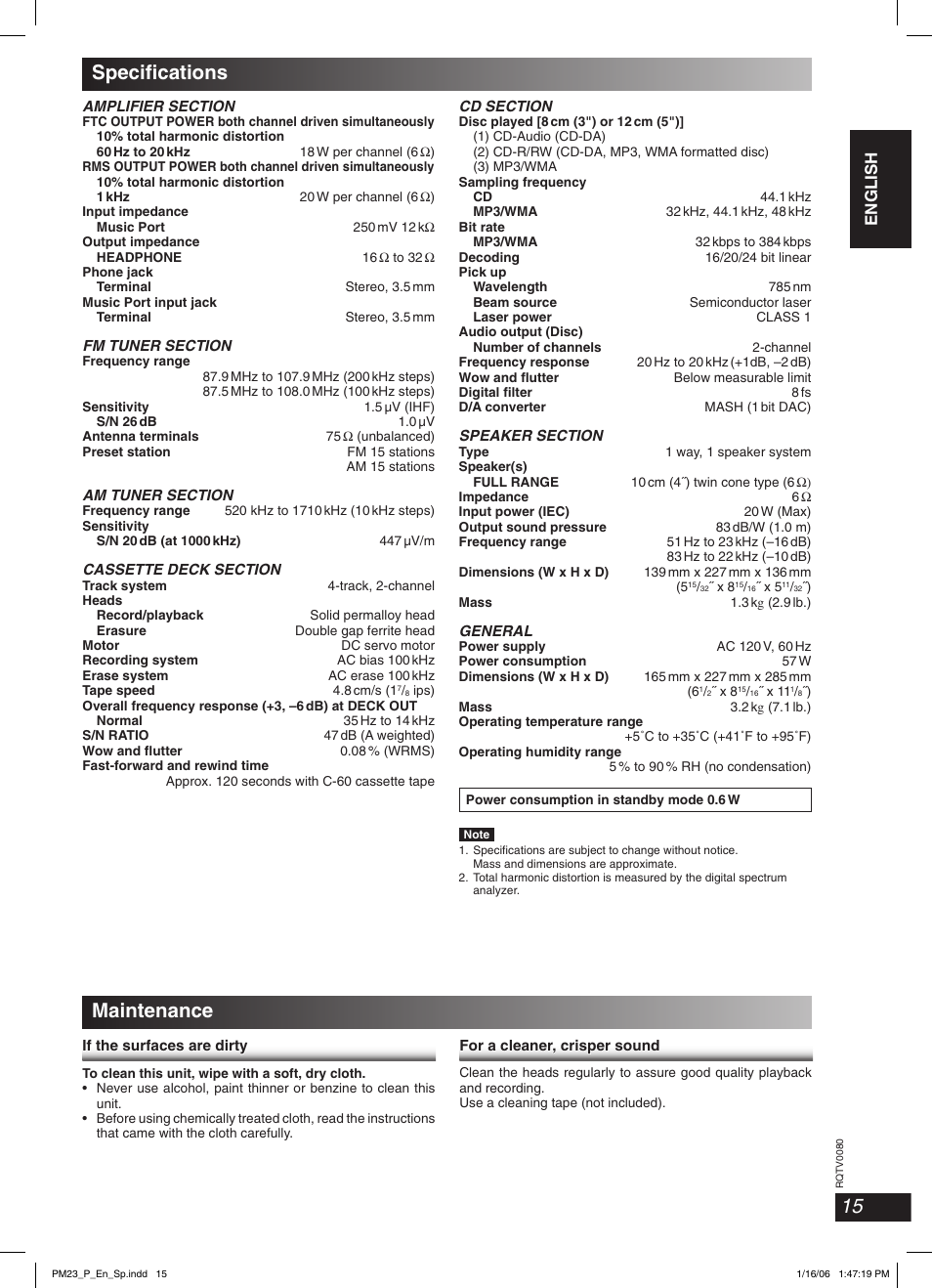 Specifications, Maintenance, Specifi cations | English english english | Panasonic SC-PM23 User Manual | Page 15 / 24