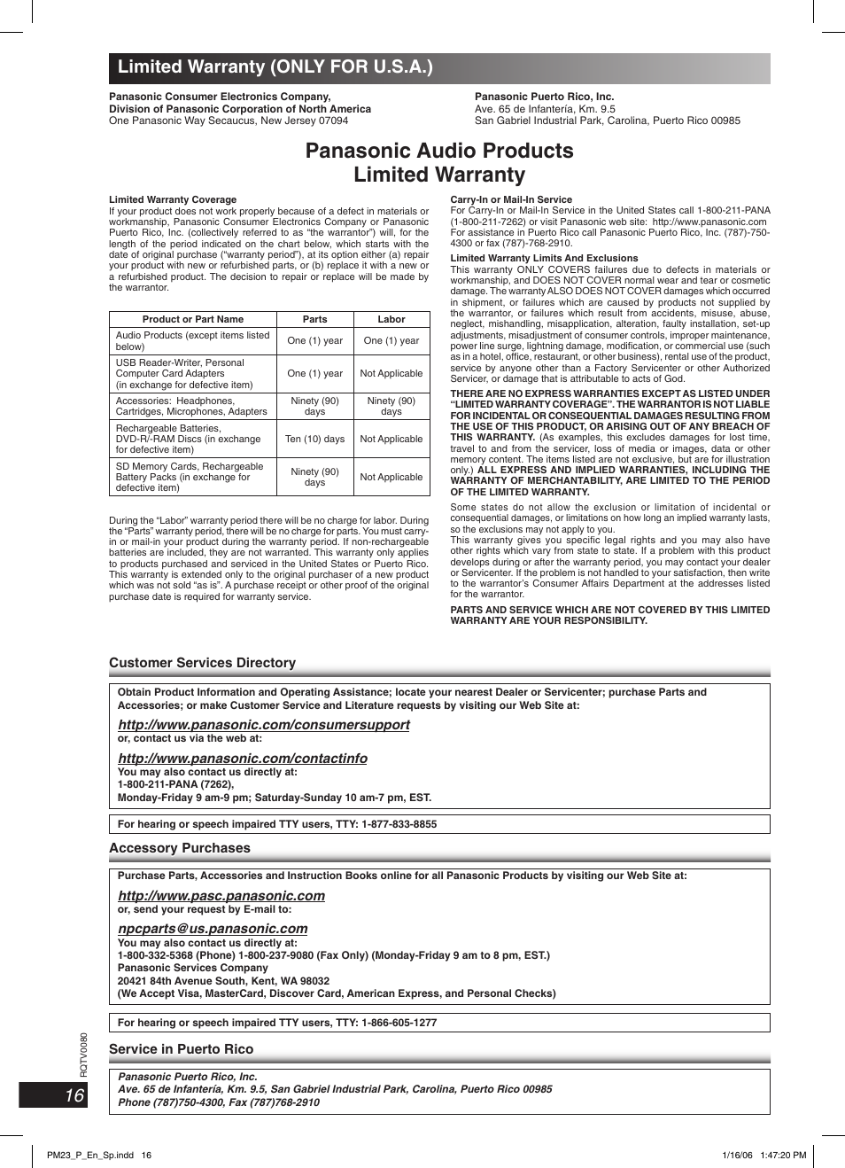 Limited warranty (only for u.s.a.), Panasonic audio products limited warranty, 16 limited warranty (only for u.s.a.) | Panasonic SC-PM23 User Manual | Page 16 / 24