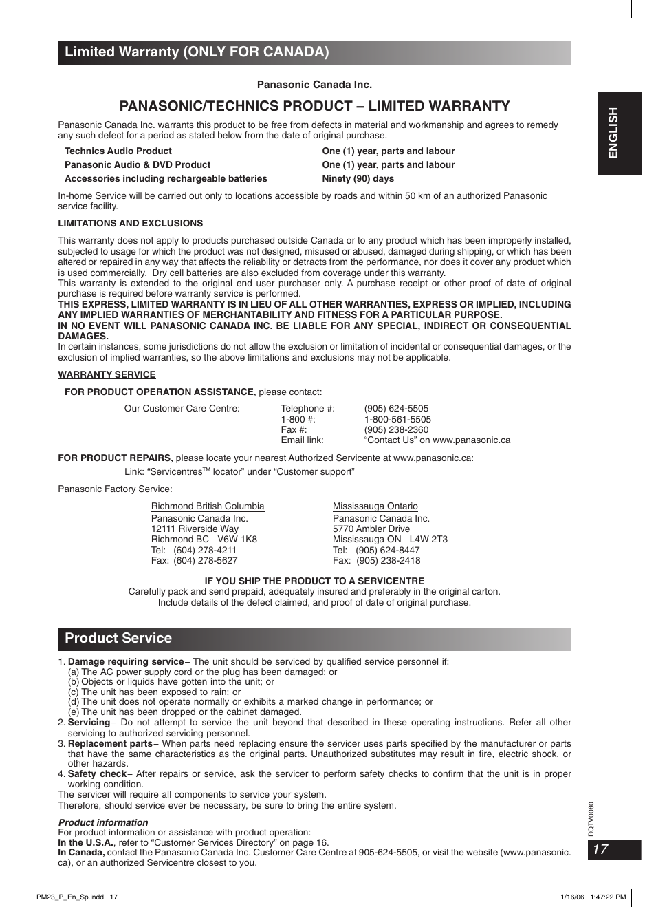 Limited warranty (only for canada), Product service, Panasonic/technics product – limited warranty | English english english | Panasonic SC-PM23 User Manual | Page 17 / 24
