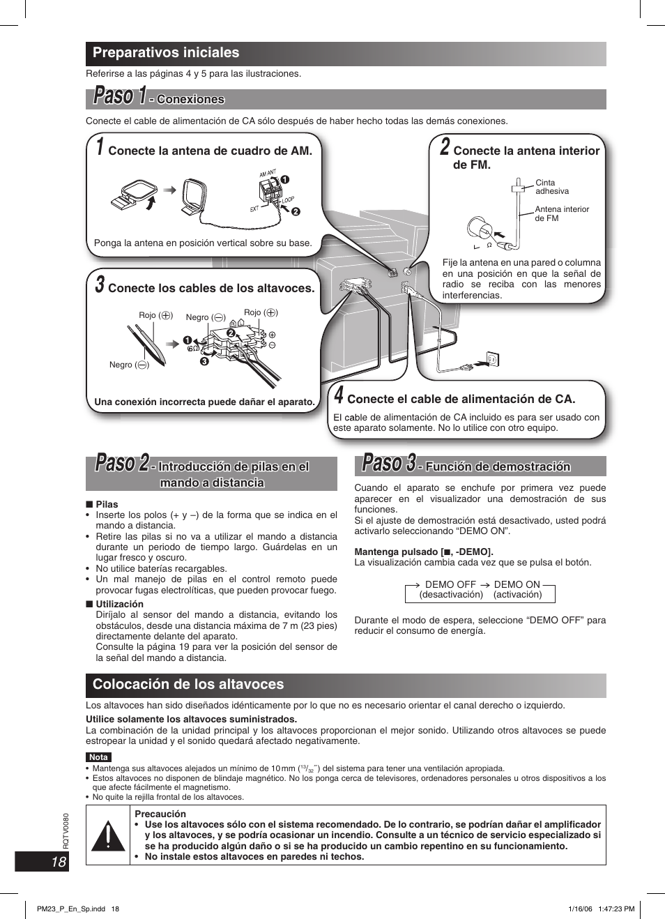 Espanol, Preparativos iniciales, Colocacion de los altovoces | Paso paso 11, Paso paso 2 2, Paso 3, 18 preparativos iniciales, Colocación de los altavoces | Panasonic SC-PM23 User Manual | Page 18 / 24