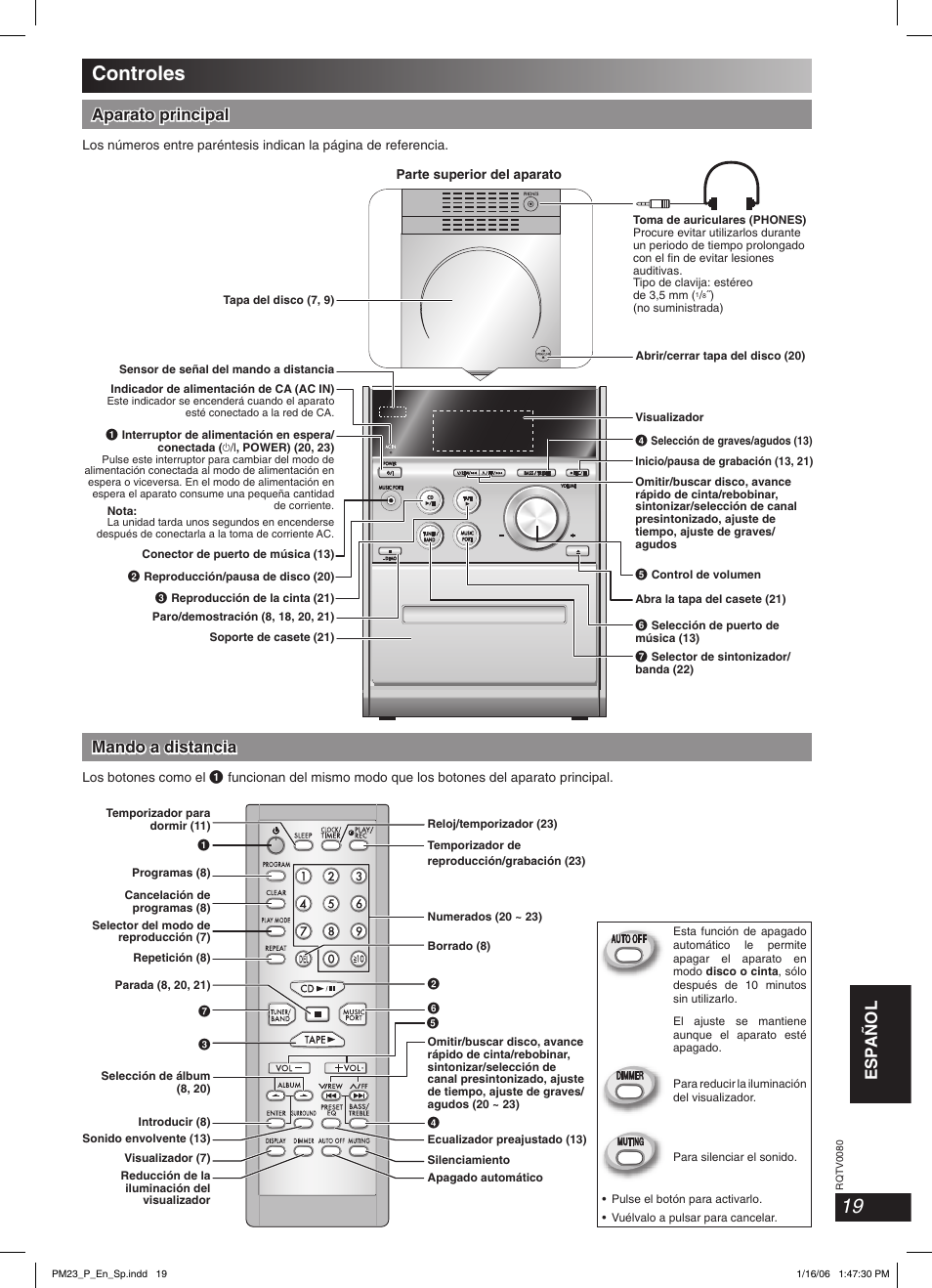 Controles, Esp añol, Aparato principal | Mando a distancia | Panasonic SC-PM23 User Manual | Page 19 / 24