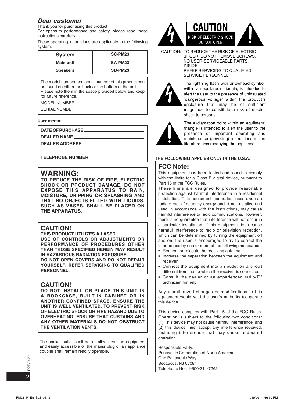 Warning, 2dear customer, Caution | Panasonic SC-PM23 User Manual | Page 2 / 24