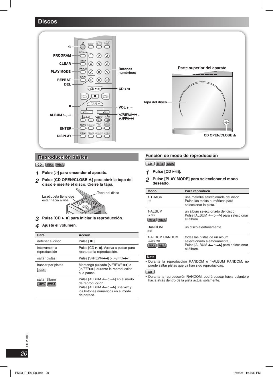Discos, Reproducción básica | Panasonic SC-PM23 User Manual | Page 20 / 24