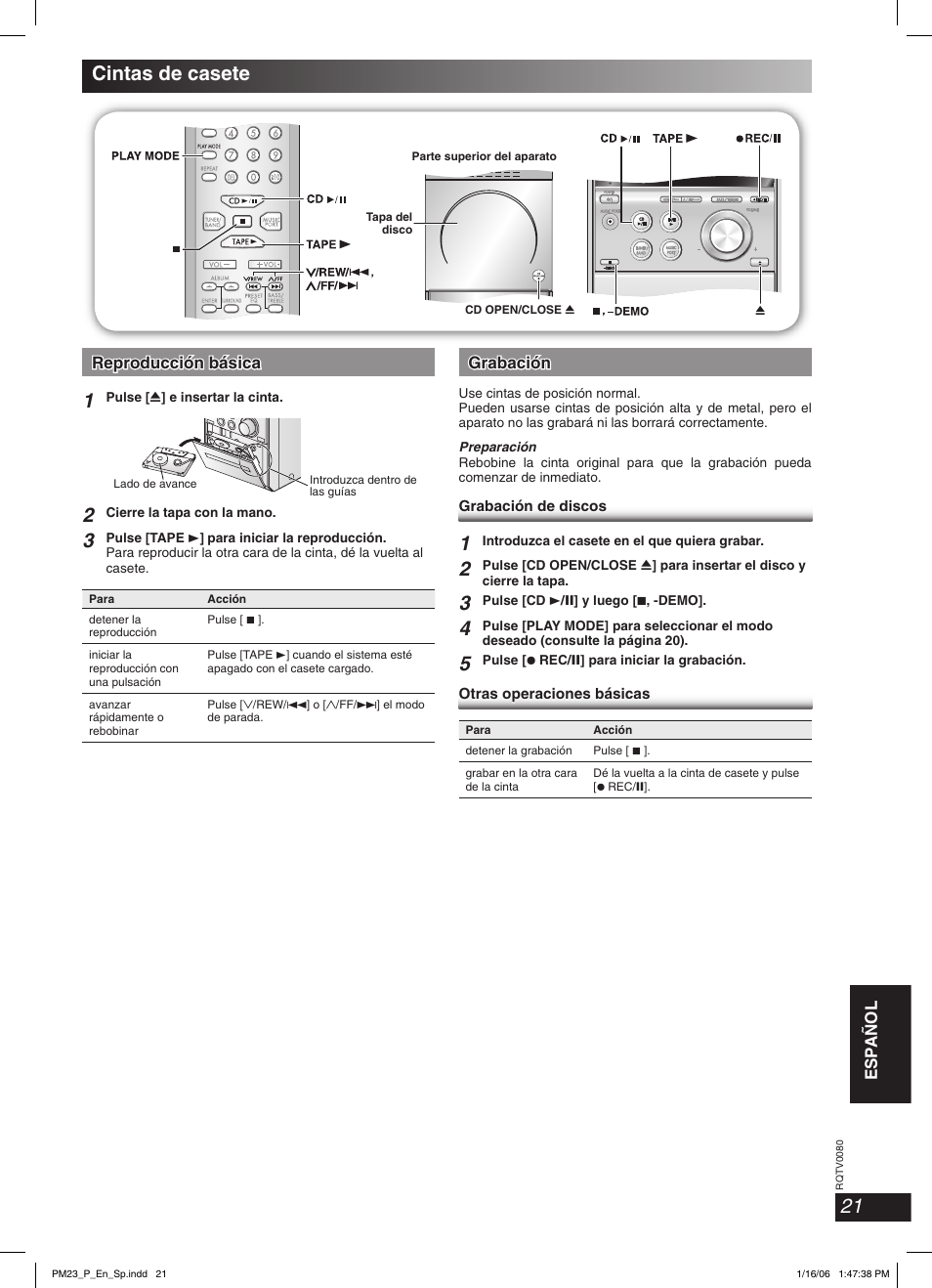 Cintas de casete, Esp añol, Reproducción básica | Grabación | Panasonic SC-PM23 User Manual | Page 21 / 24