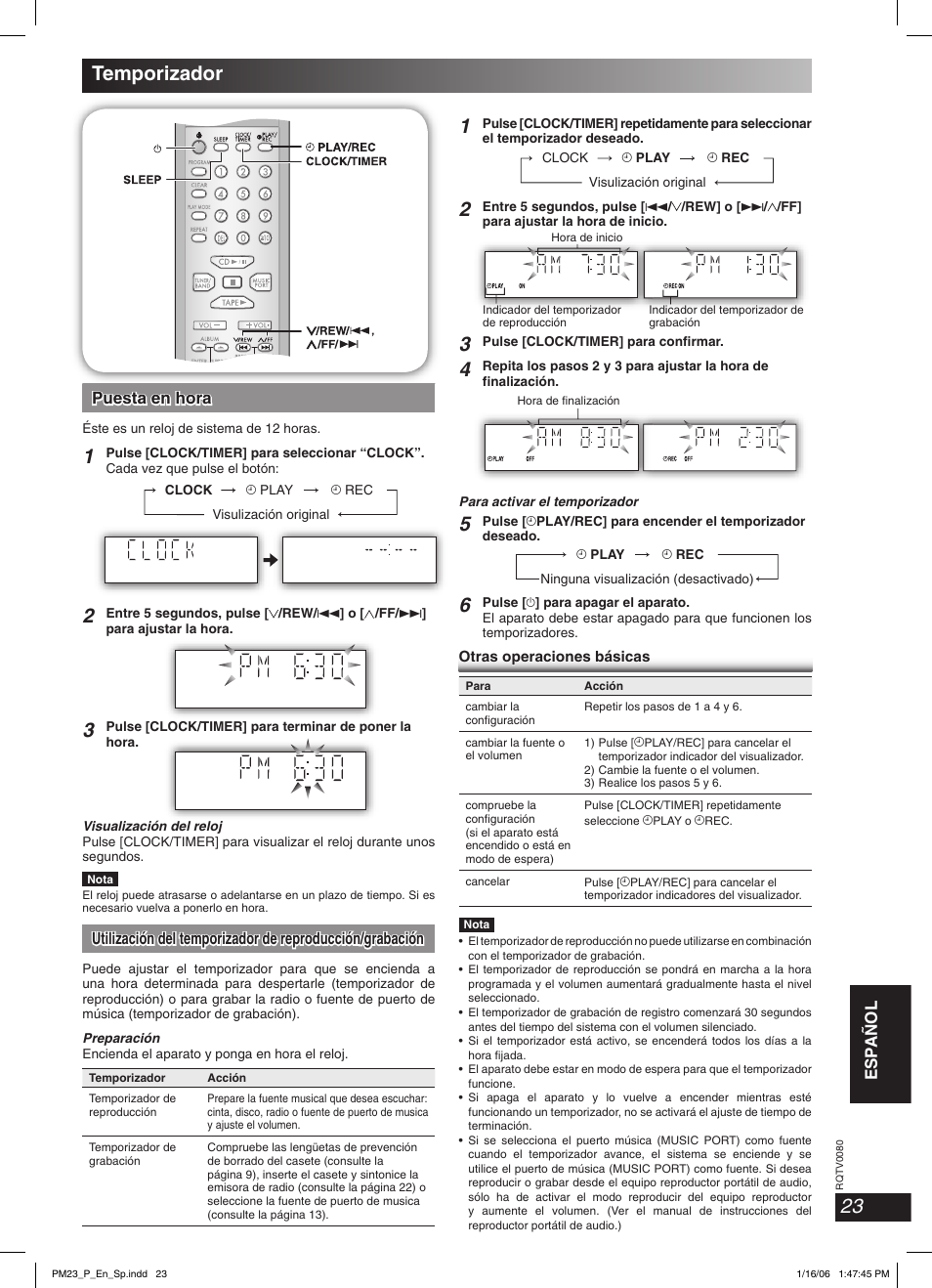 Temporizador, Esp añol puesta en hora puesta en hora | Panasonic SC-PM23 User Manual | Page 23 / 24