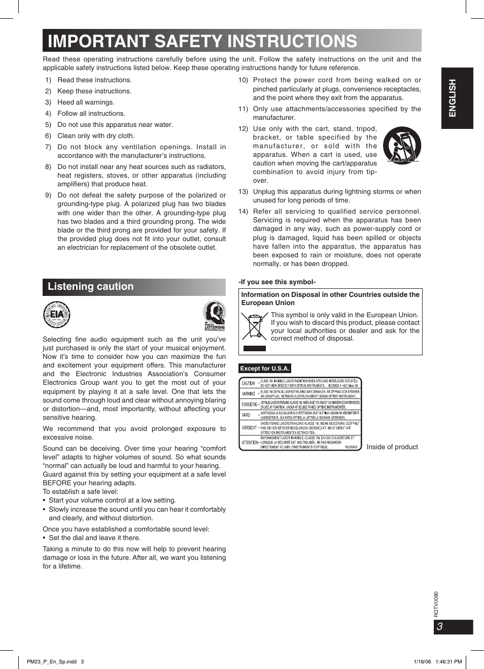 Important safety instructions, Listening caution, English english english | Panasonic SC-PM23 User Manual | Page 3 / 24