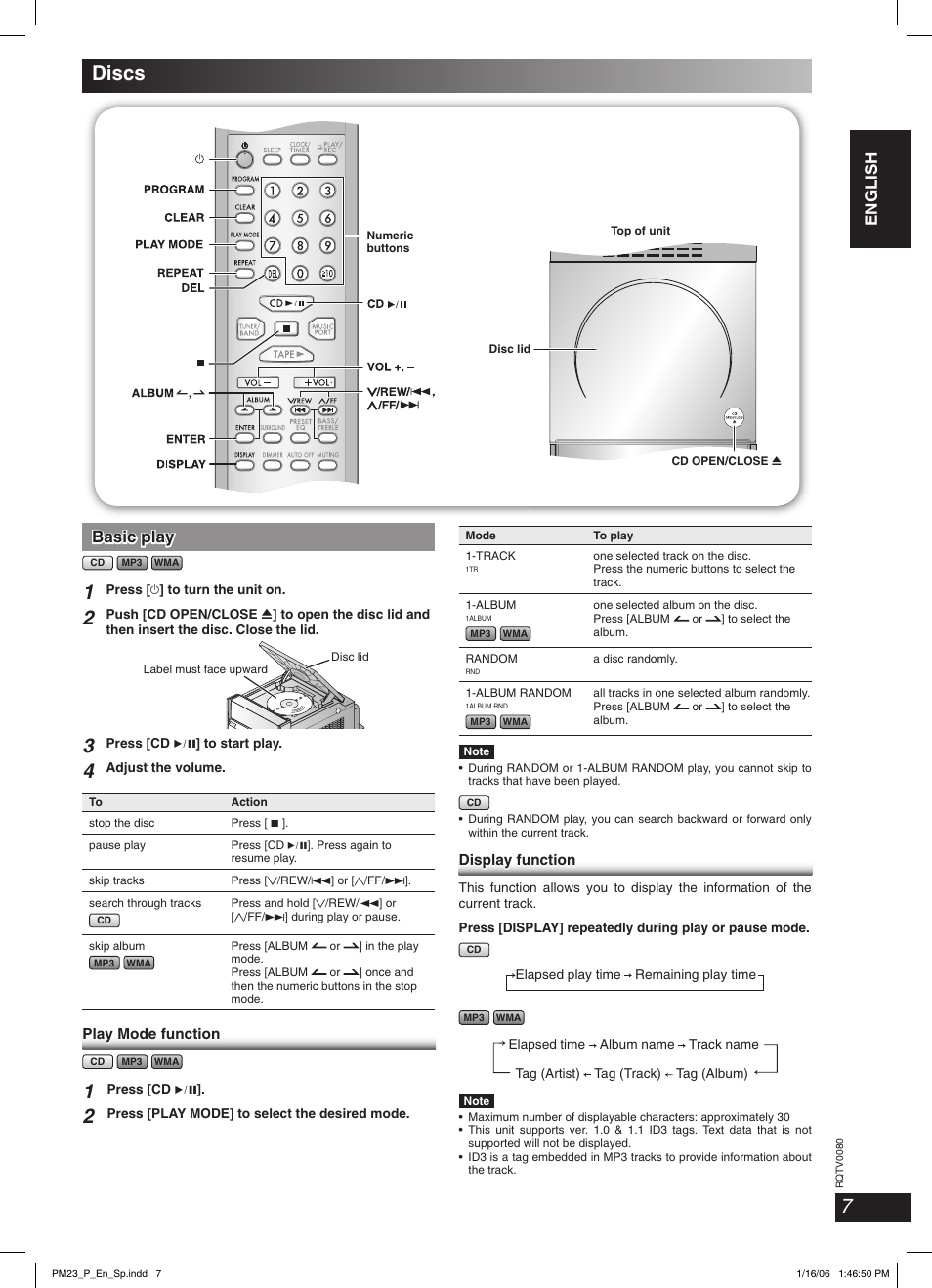Discs, English english english basic play basic play | Panasonic SC-PM23 User Manual | Page 7 / 24