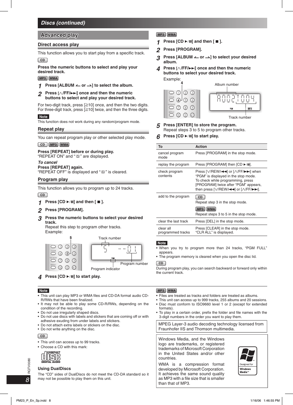 Advanced play, Discs (continued) | Panasonic SC-PM23 User Manual | Page 8 / 24