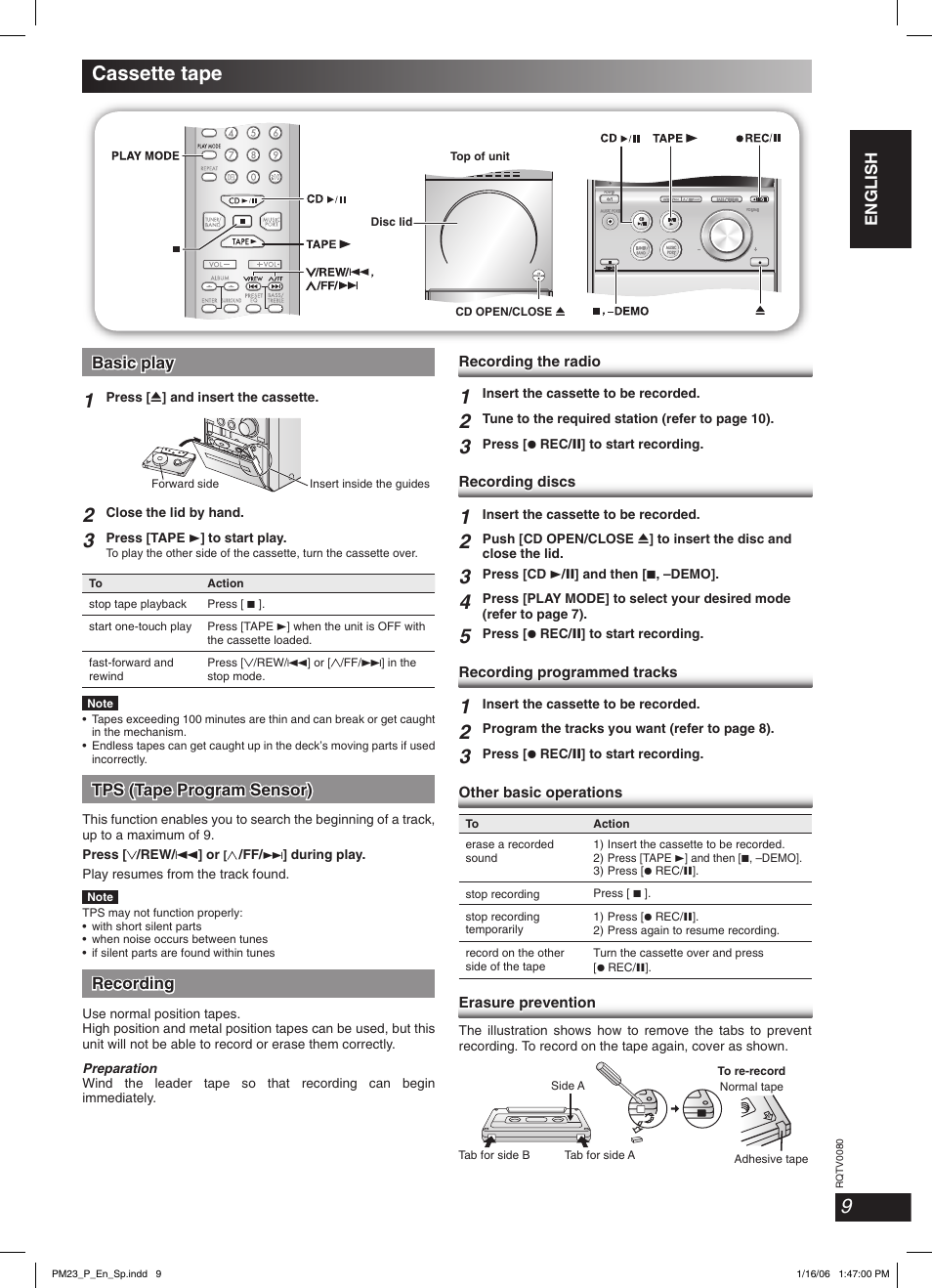 Cassette tape, English english english, Basic play | Tps (tape program sensor), Recording | Panasonic SC-PM23 User Manual | Page 9 / 24