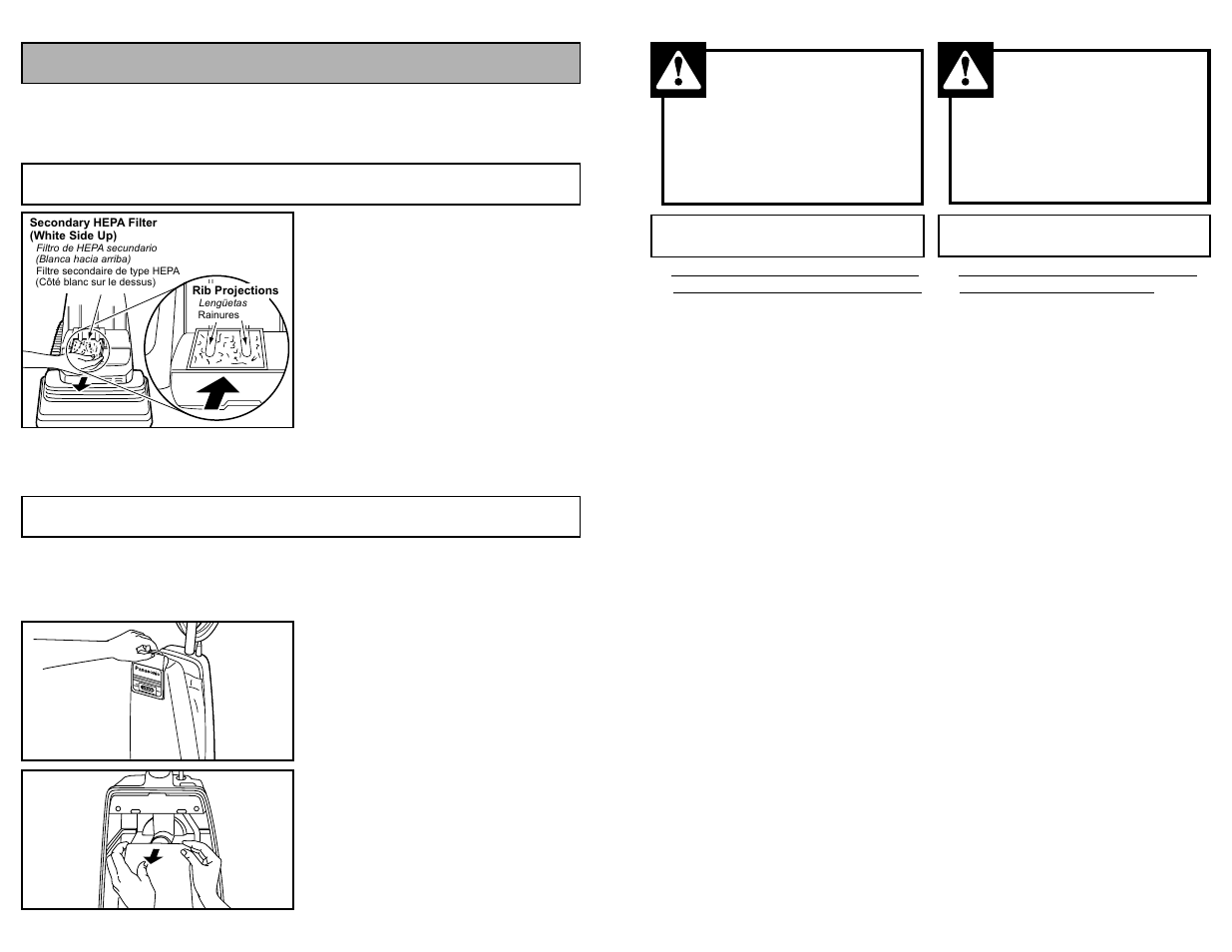 Routine care of cleaner, Replacing secondary hepa filter, Changing dust bag | Advertencia, Avertissement, Replacing secondary hepa filter changing dust bag | Panasonic MC-V5258 User Manual | Page 20 / 44