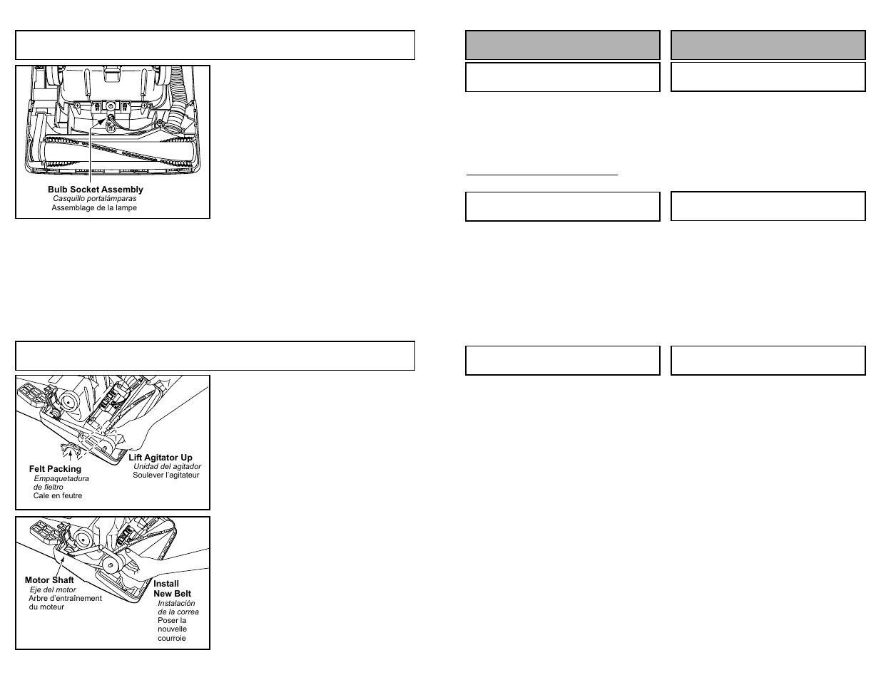 Replacing headlight bulb, Replacing belt, Para operar la aspiradora fonctionnement | Panasonic MC-V5258 User Manual | Page 26 / 44