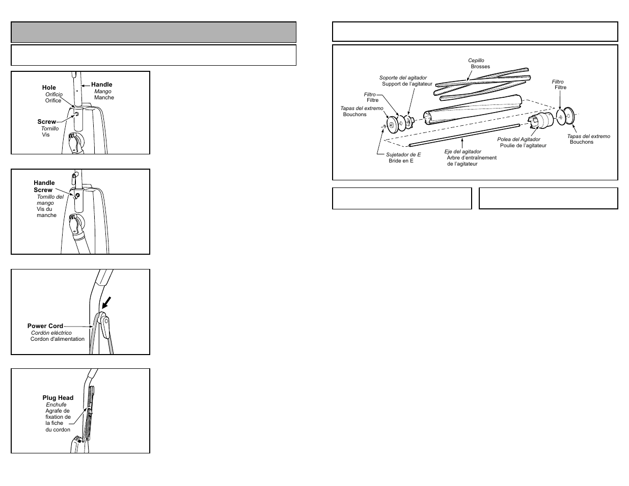 Montaje de agitador, Limpieza del exterior y de los herramientas, Assemblage de l'agitateur | Nettoyage du boitier et des accessoires, Assembly, Attaching handle | Panasonic MC-V5258 User Manual | Page 33 / 44