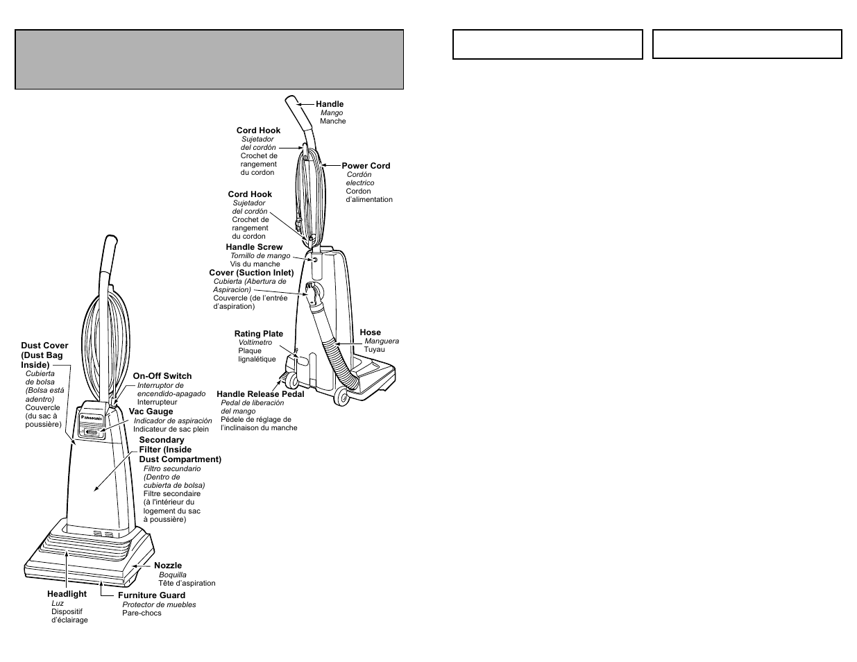 Quitar de los residuos de basura en los conductos, Degagement des obstructions, Parts identification | Identificación de piezas nomenclature, Vac gauge full | Panasonic MC-V5258 User Manual | Page 35 / 44