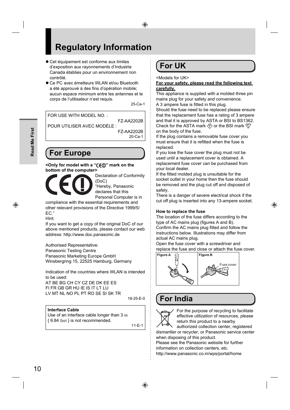 Regulatory information, For europe, For uk | For india | Panasonic FZ-A1 series User Manual | Page 10 / 40