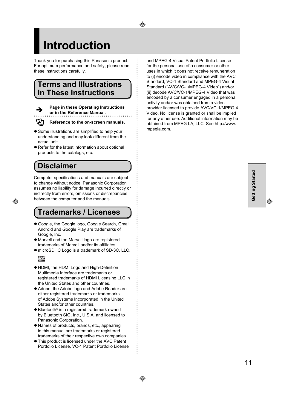 Introduction, Terms and illustrations in these instructions, Disclaimer | Trademarks / licenses | Panasonic FZ-A1 series User Manual | Page 11 / 40
