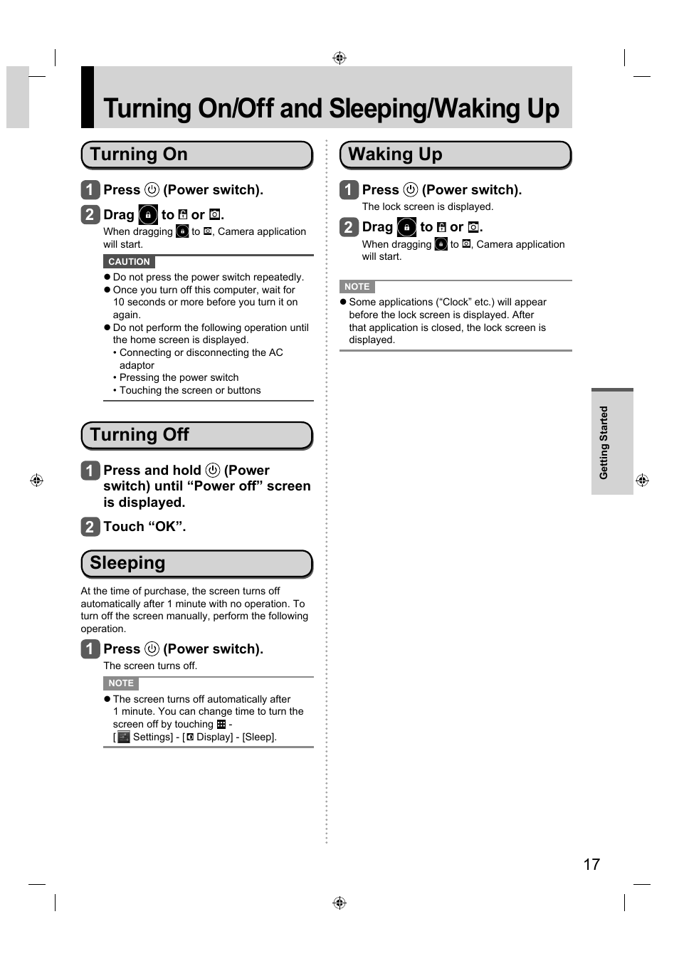 Turning on/off and sleeping/waking up, Turning on, Turning off | Sleeping, Waking up | Panasonic FZ-A1 series User Manual | Page 17 / 40