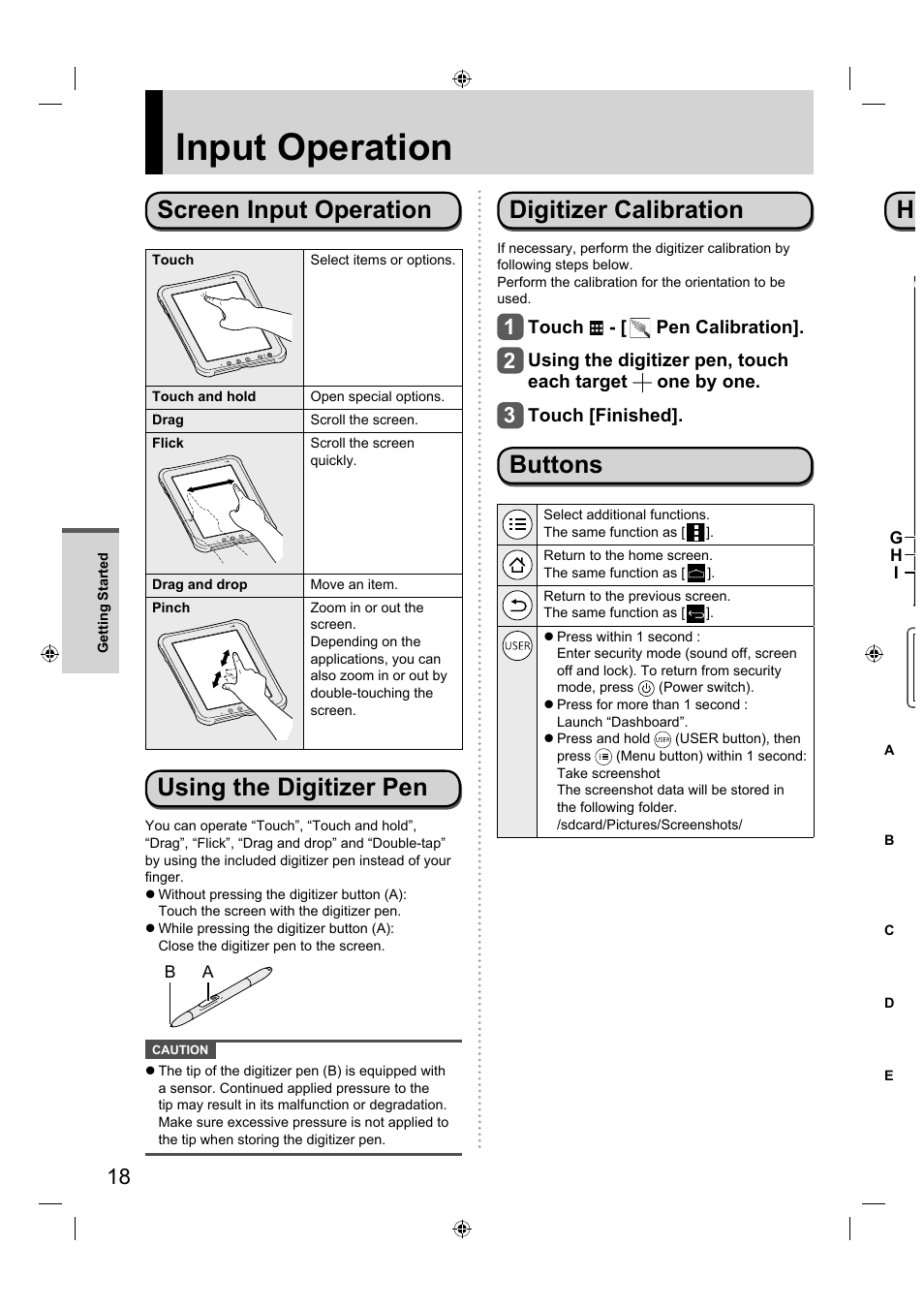 Input operation, Screen input operation, Using the digitizer pen | Digitizer calibration, Buttons | Panasonic FZ-A1 series User Manual | Page 18 / 40