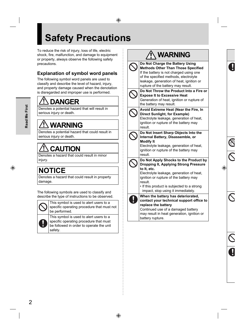 Safety precautions, Danger, Warning | Caution, Notice | Panasonic FZ-A1 series User Manual | Page 2 / 40