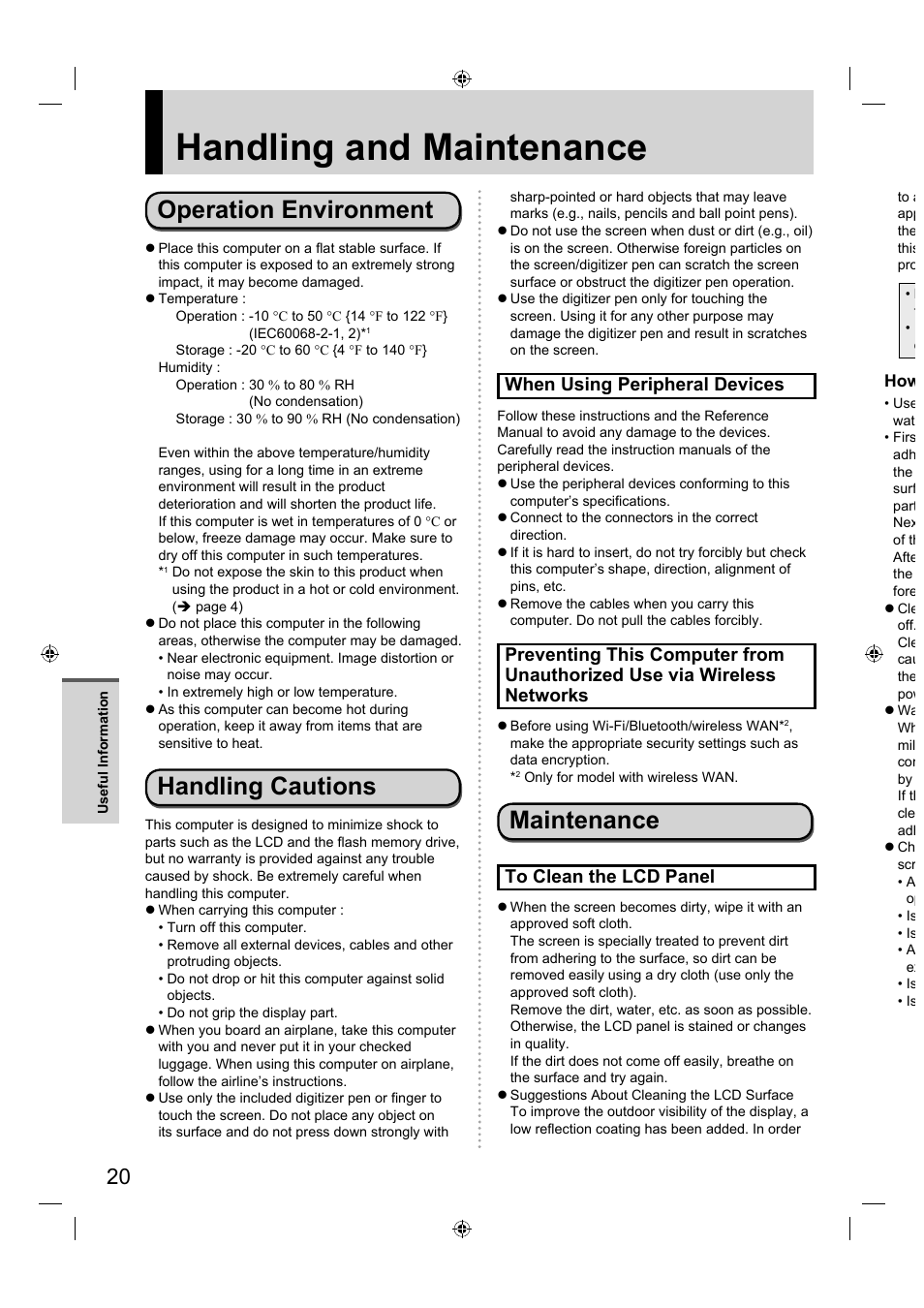 Handling and maintenance, Operation environment, Handling cautions | Maintenance, When using peripheral devices | Panasonic FZ-A1 series User Manual | Page 20 / 40