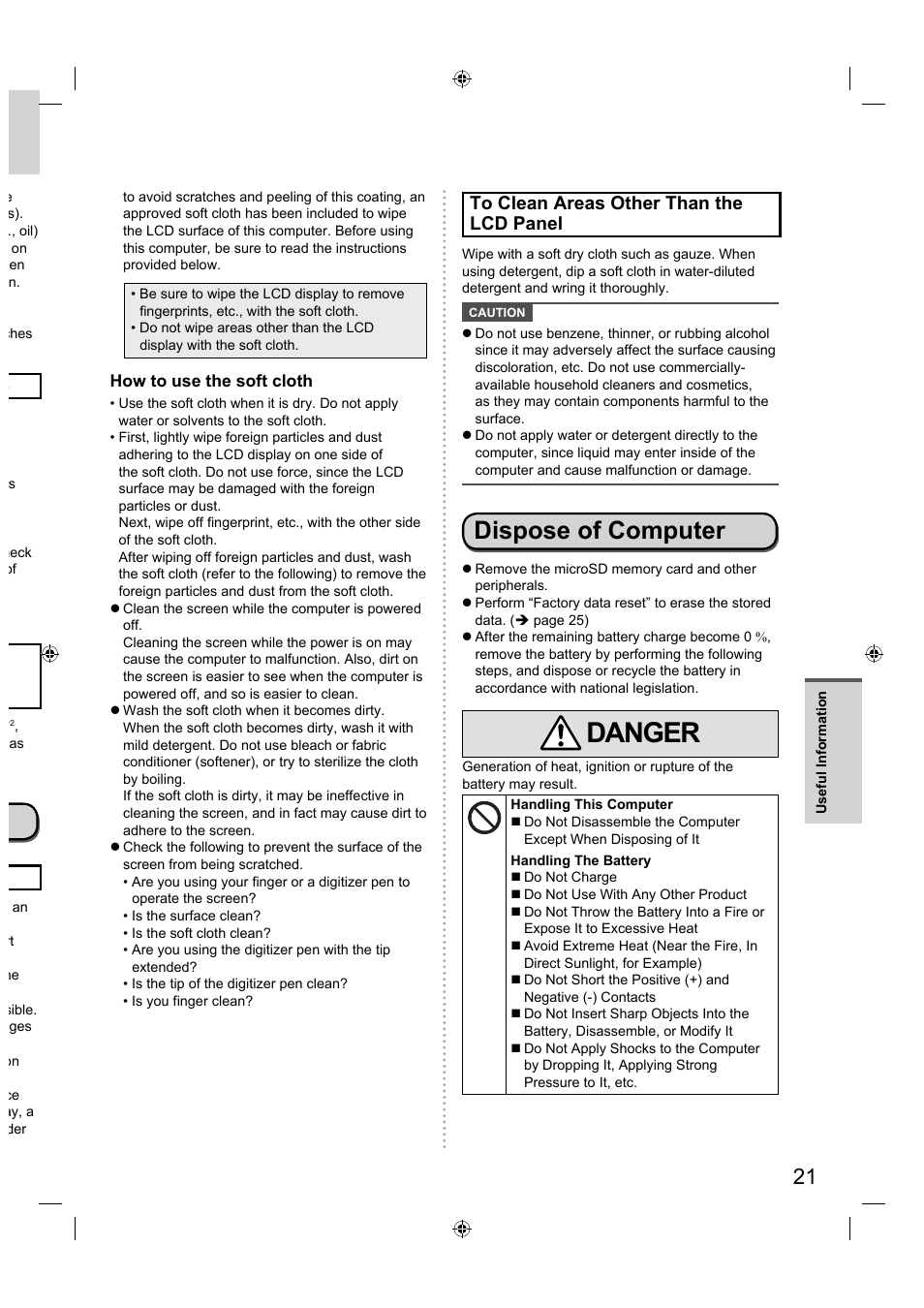 Danger, Dispose of computer | Panasonic FZ-A1 series User Manual | Page 21 / 40