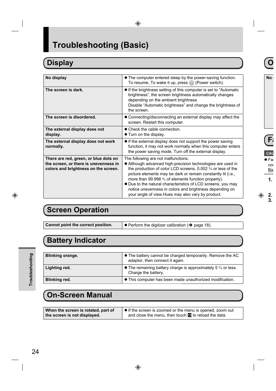 Troubleshooting (basic), Display, Screen operation | Battery indicator, On-screen manual | Panasonic FZ-A1 series User Manual | Page 24 / 40