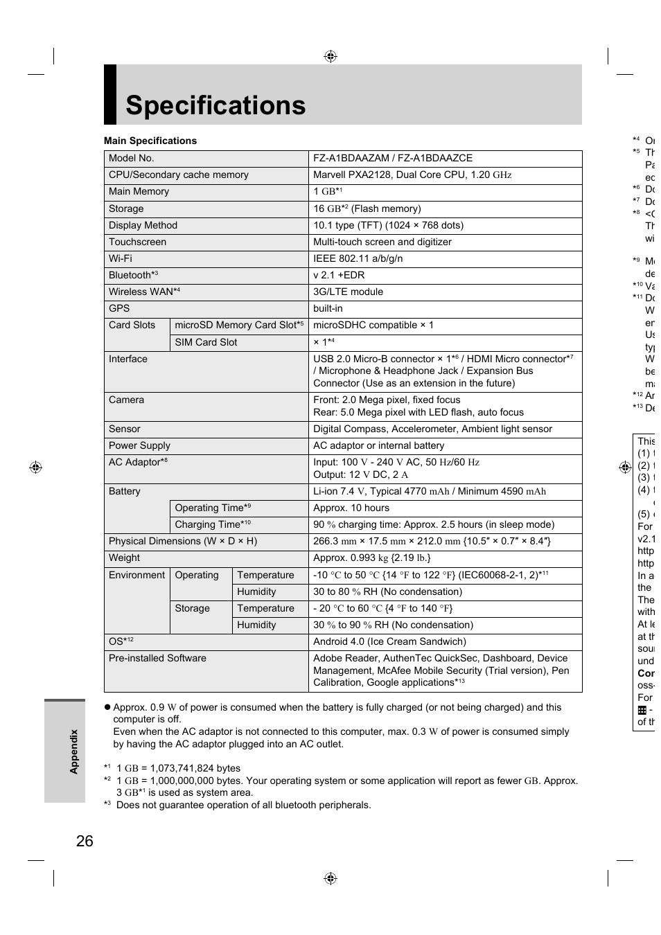 Specifications | Panasonic FZ-A1 series User Manual | Page 26 / 40