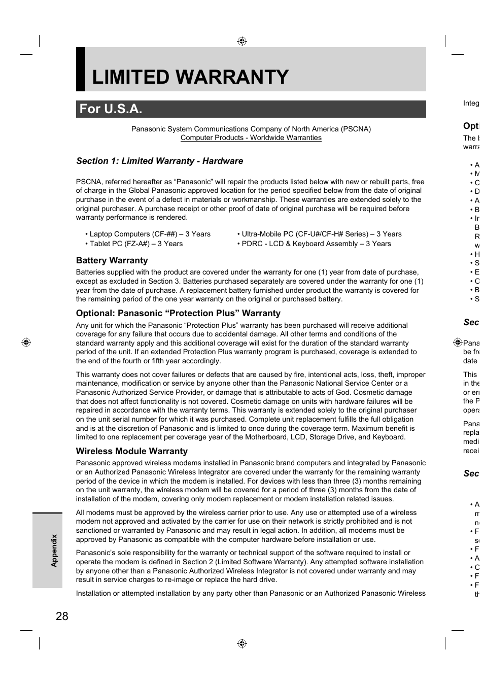 Limited warranty, For u.s.a | Panasonic FZ-A1 series User Manual | Page 28 / 40