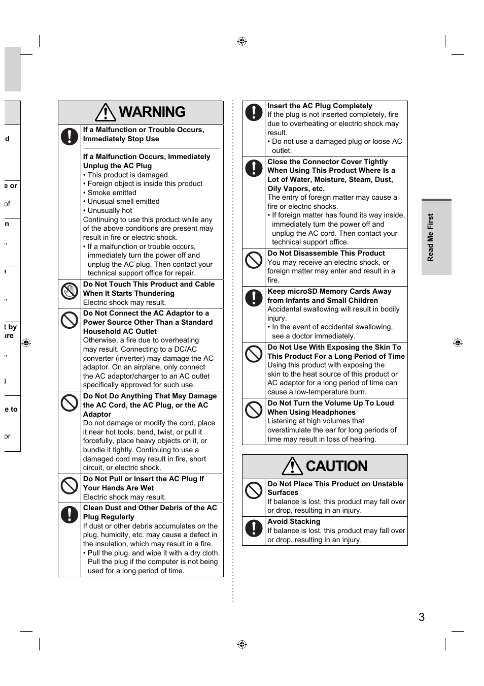 Warning, Caution | Panasonic FZ-A1 series User Manual | Page 3 / 40