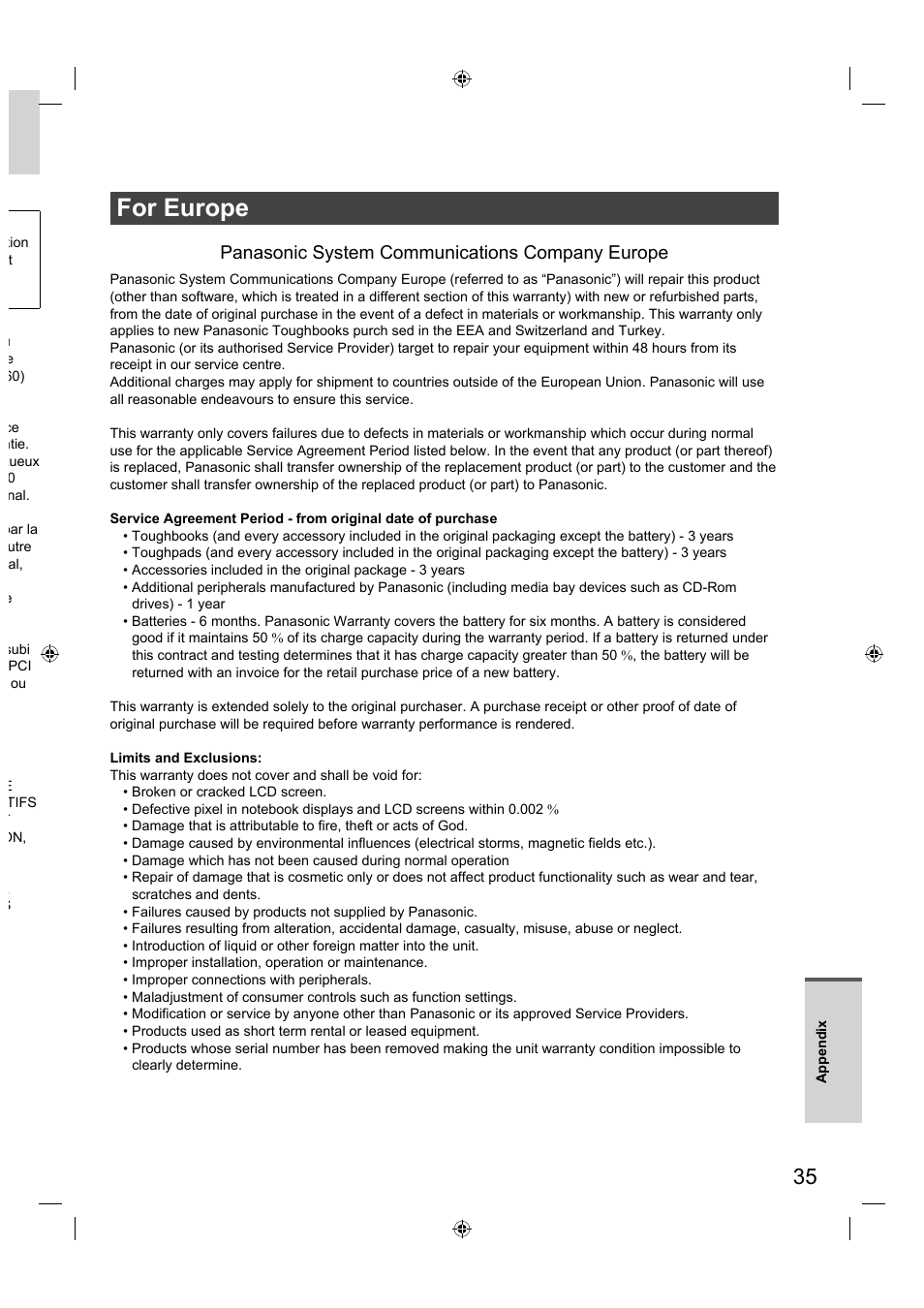 For europe, Panasonic system communications company europe | Panasonic FZ-A1 series User Manual | Page 35 / 40