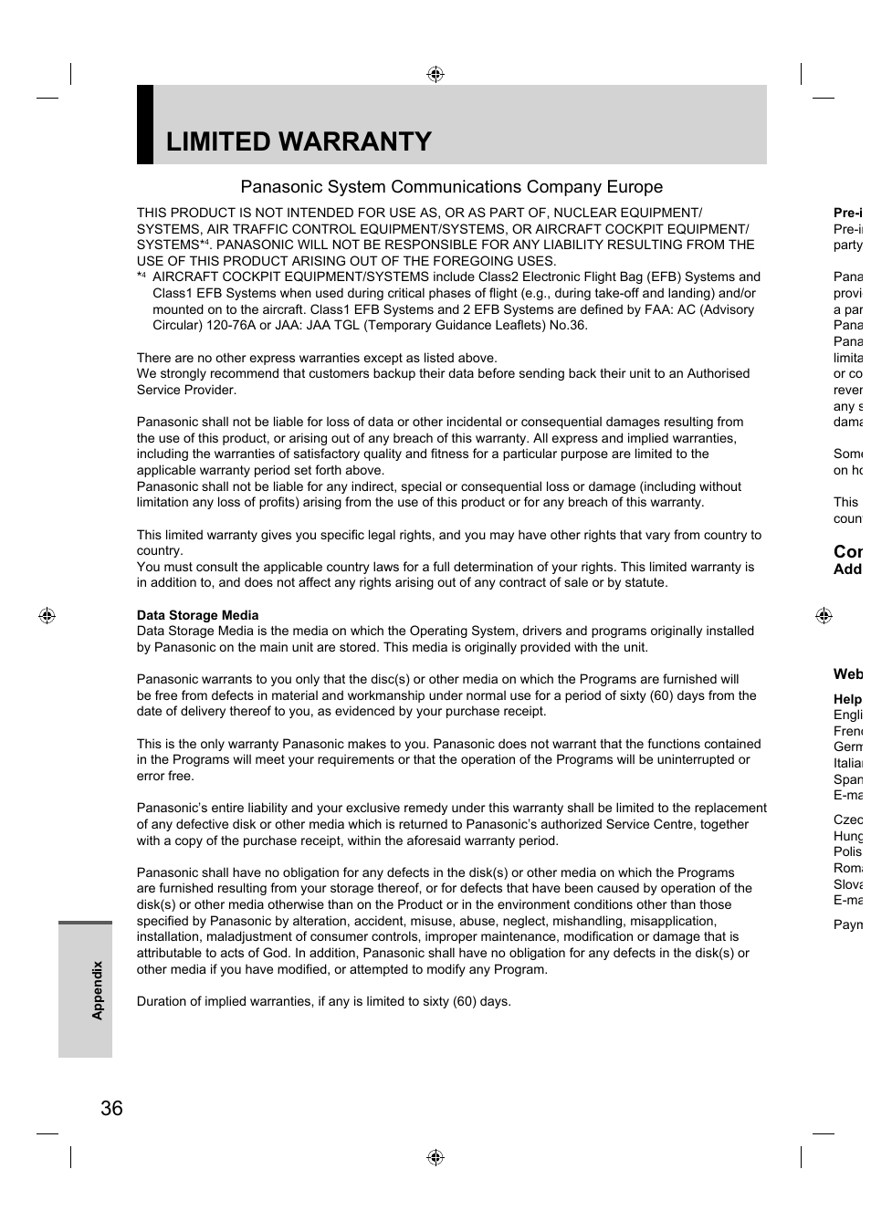 Limited warranty, Panasonic system communications company europe | Panasonic FZ-A1 series User Manual | Page 36 / 40