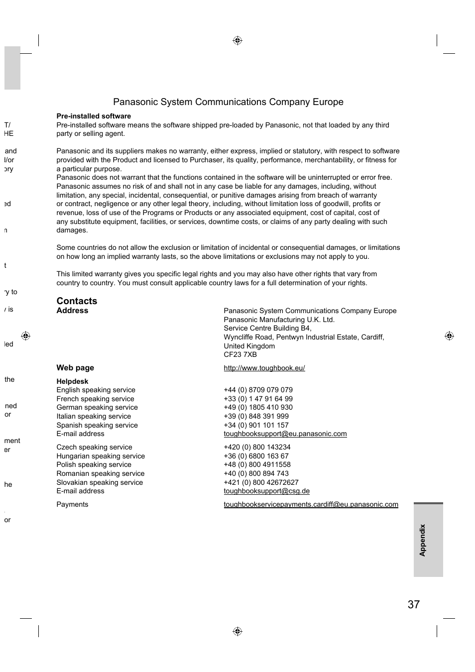 Panasonic system communications company europe, Contacts | Panasonic FZ-A1 series User Manual | Page 37 / 40