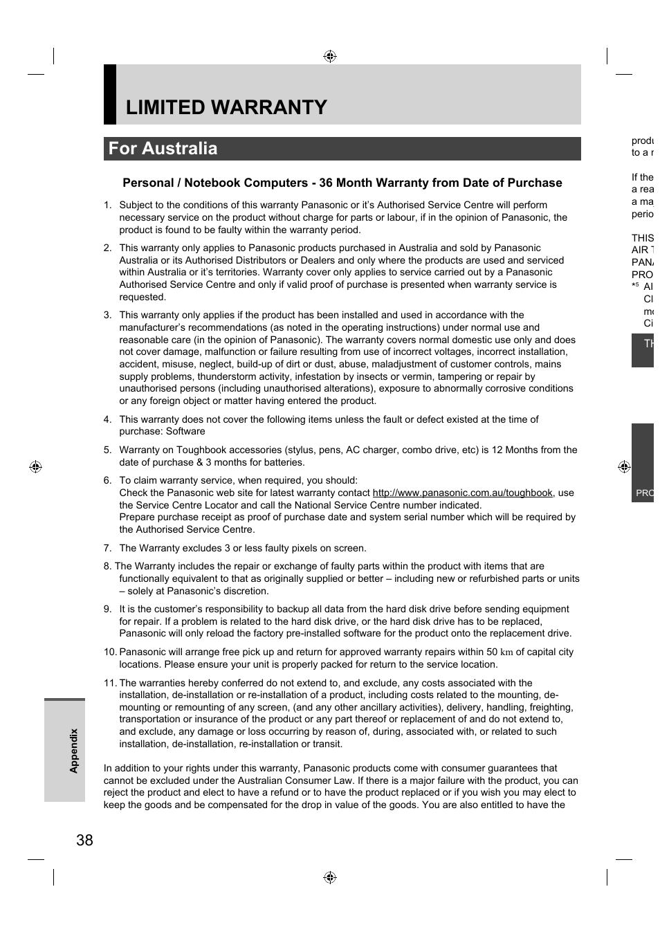Limited warranty, For australia | Panasonic FZ-A1 series User Manual | Page 38 / 40