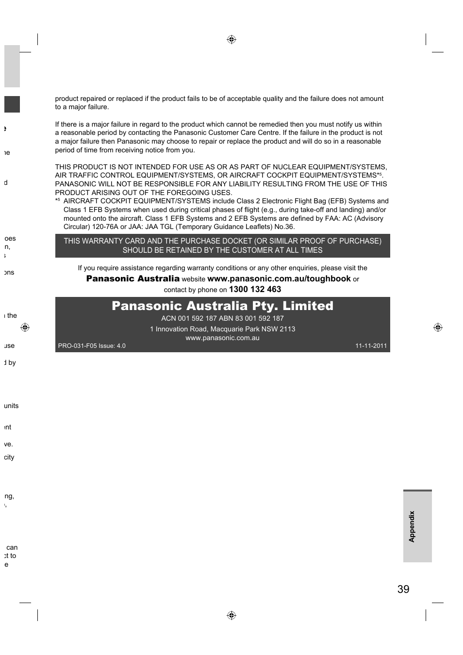Panasonic australia pty. limited | Panasonic FZ-A1 series User Manual | Page 39 / 40
