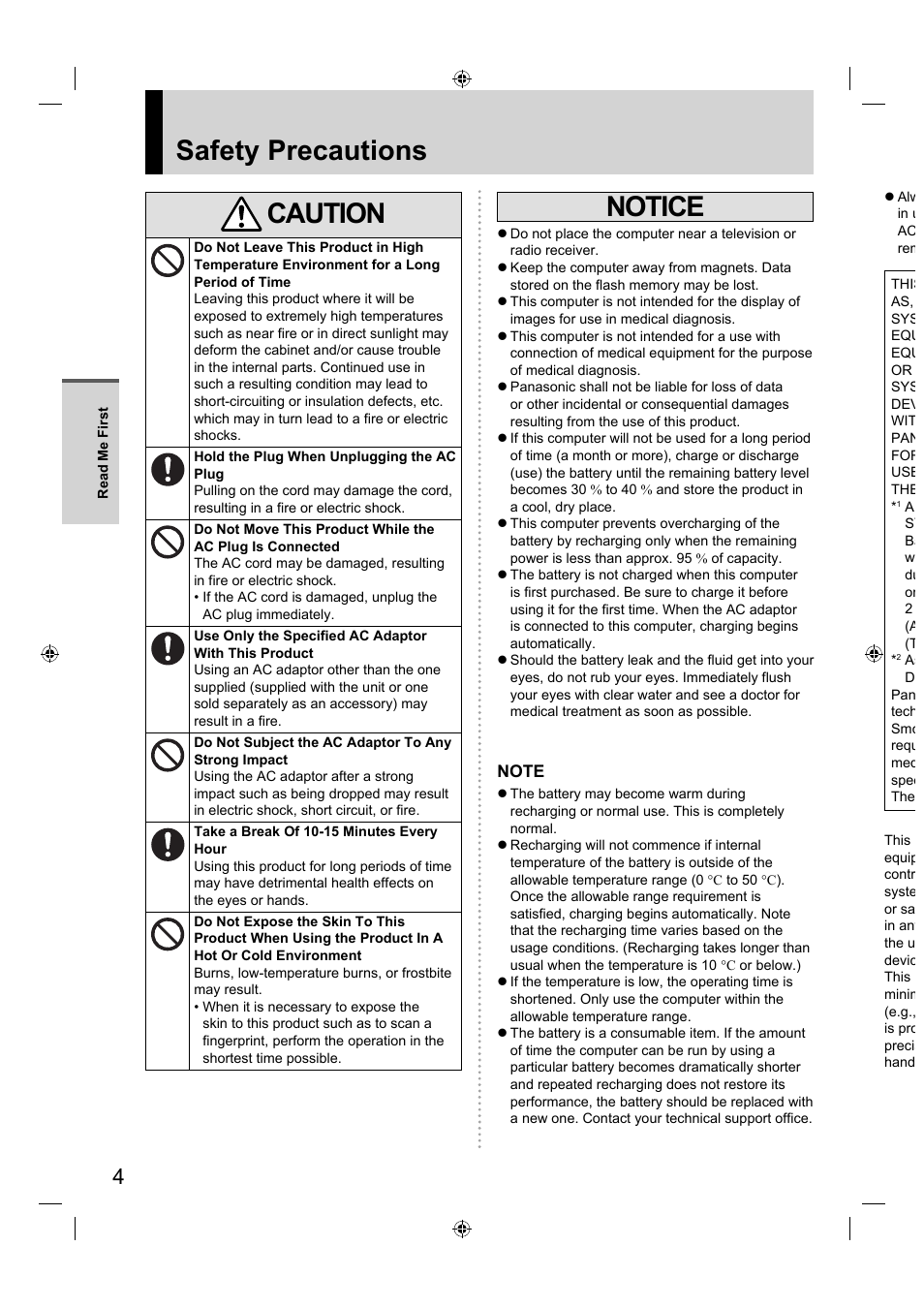 Safety precautions caution, Notice | Panasonic FZ-A1 series User Manual | Page 4 / 40