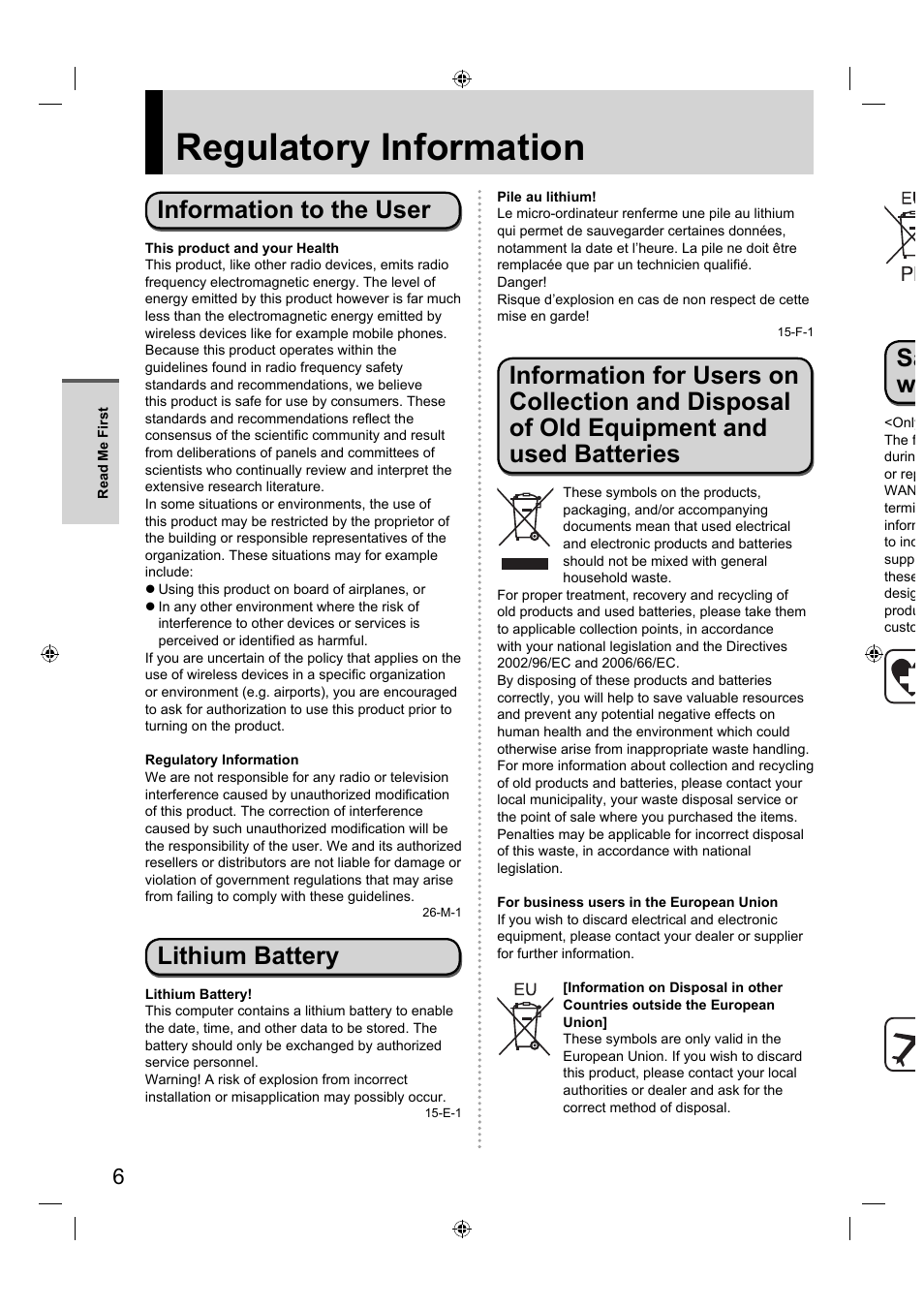 Regulatory information, Information to the user, Lithium battery | Sa w | Panasonic FZ-A1 series User Manual | Page 6 / 40