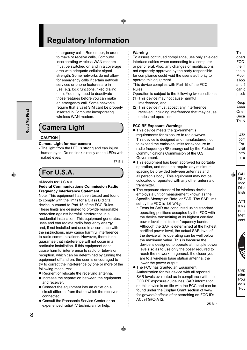 Regulatory information, Camera light, For u.s.a | Panasonic FZ-A1 series User Manual | Page 8 / 40