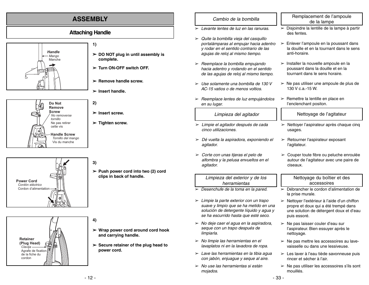 Assembly, Attaching handle | Panasonic MC-V7428 User Manual | Page 12 / 44