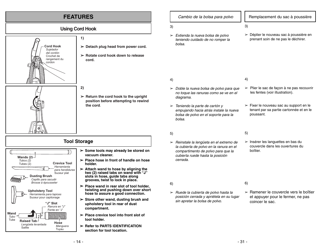Features, Using cord hook, Tool storage | Panasonic MC-V7428 User Manual | Page 14 / 44