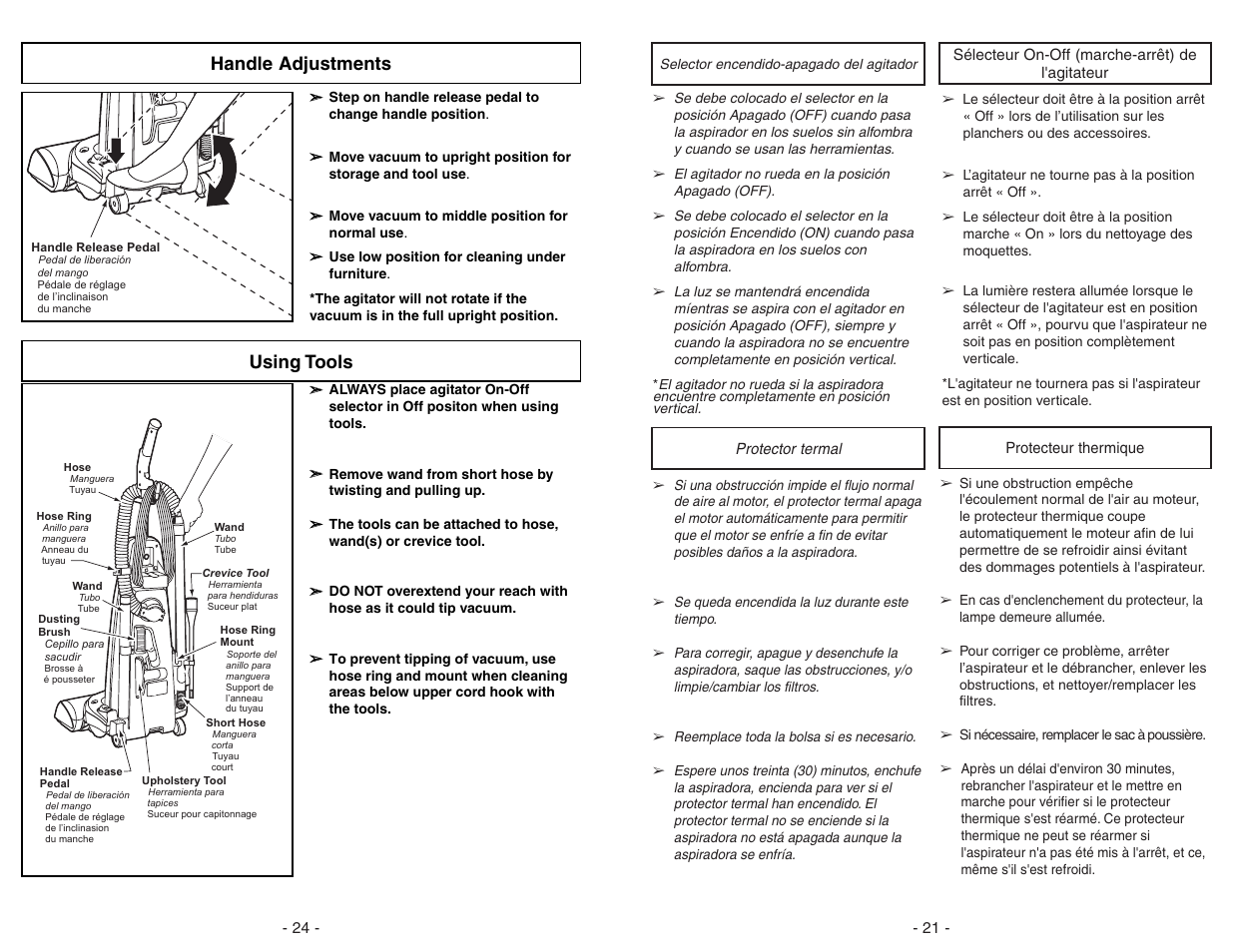 Handle adjustments, Using tools | Panasonic MC-V7428 User Manual | Page 24 / 44