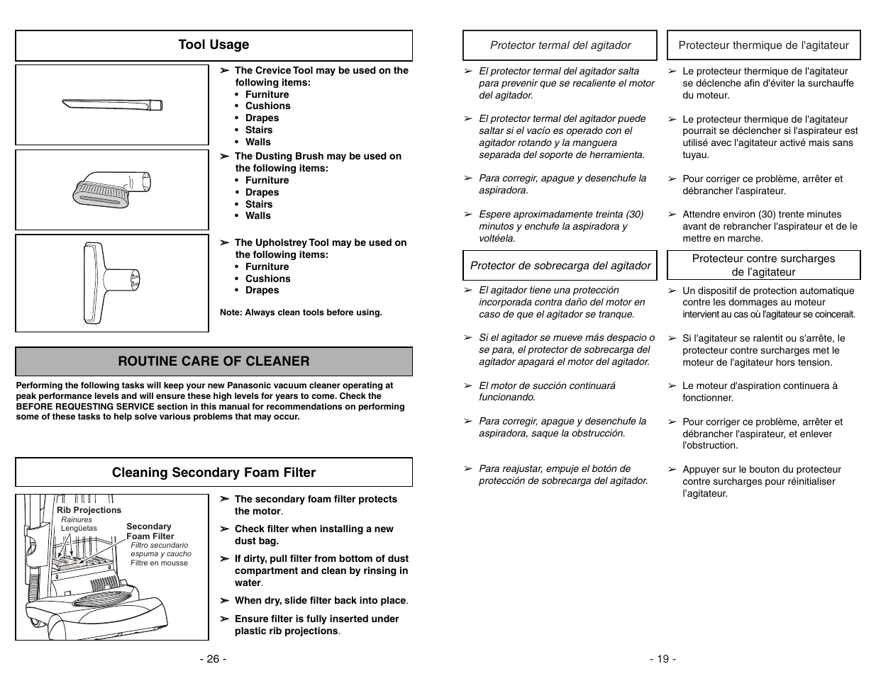 Tool usage, Routine care of cleaner, Cleaning secondary foam filter | Panasonic MC-V7428 User Manual | Page 26 / 44