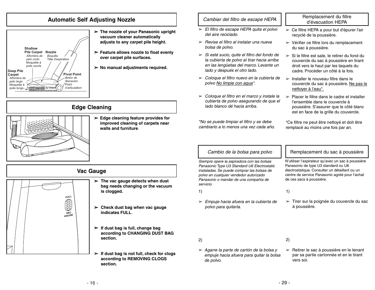 Cambiar del filtro de escapte hepa, Cambio de la bolsa para polvo, Remplacement du filtre d'evacuation hepa | Remplacement du sac a poussiere, Edge cleaning automatic self adjusting nozzle, Vac gauge | Panasonic MC-V7428 User Manual | Page 29 / 44