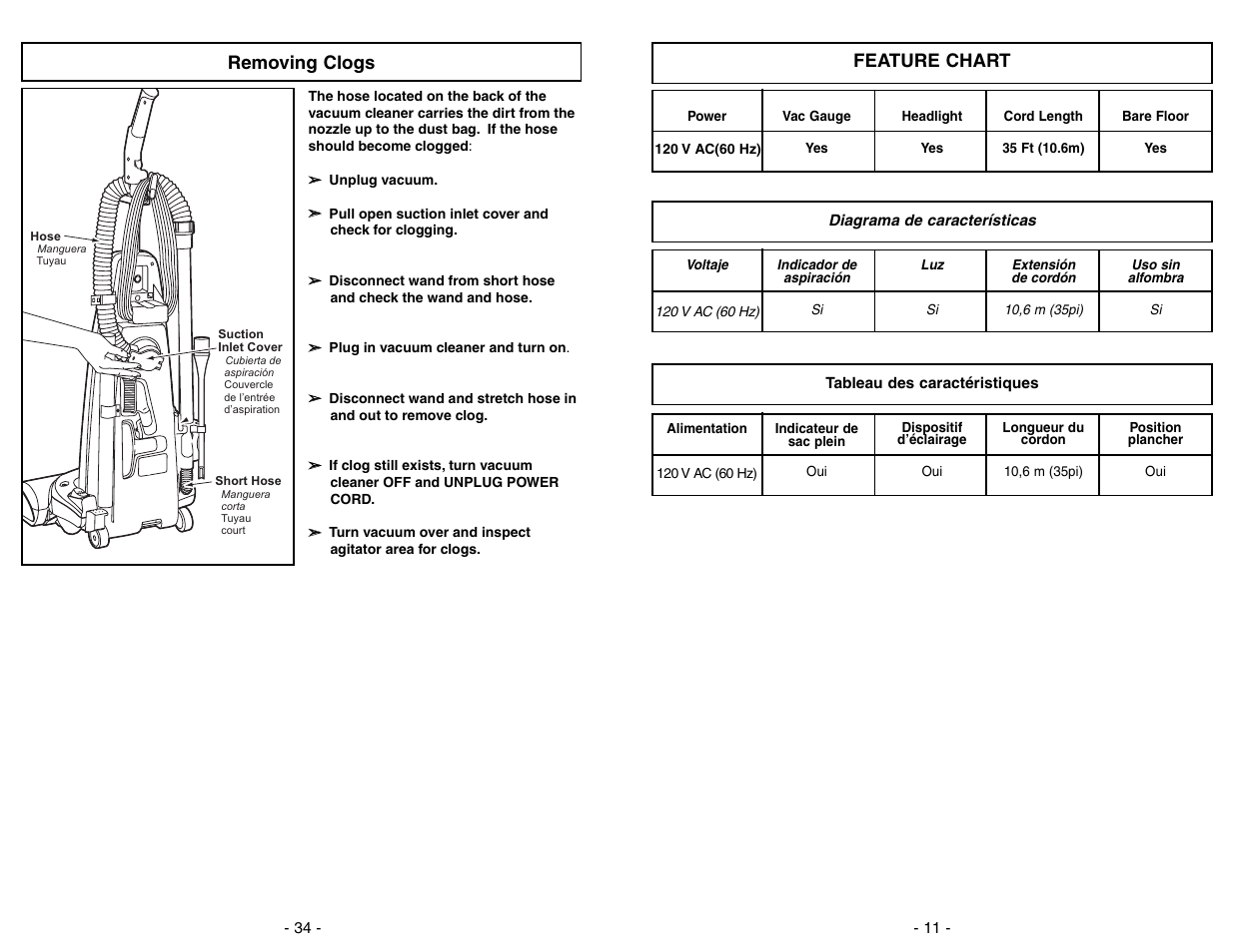 Removing clogs, Feature chart | Panasonic MC-V7428 User Manual | Page 34 / 44