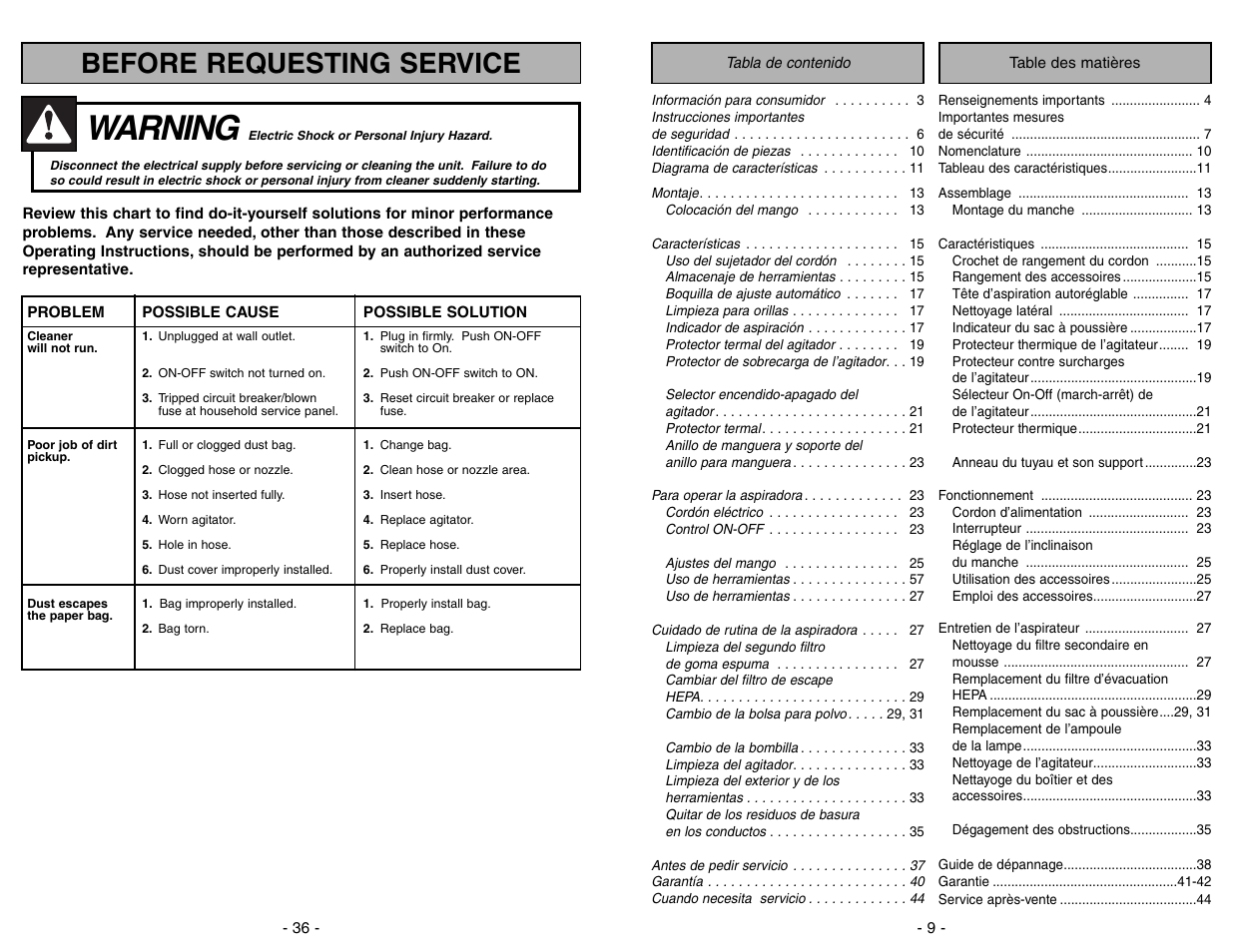 Before requesting service, Warning | Panasonic MC-V7428 User Manual | Page 36 / 44